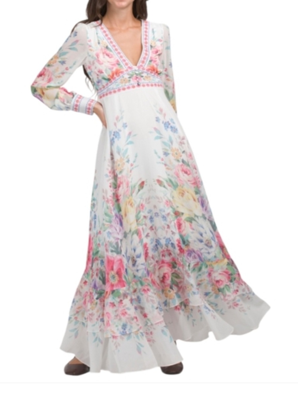 Dalia MacPhee White Long Sleeve Victorian Boho Maxi dress Size medium